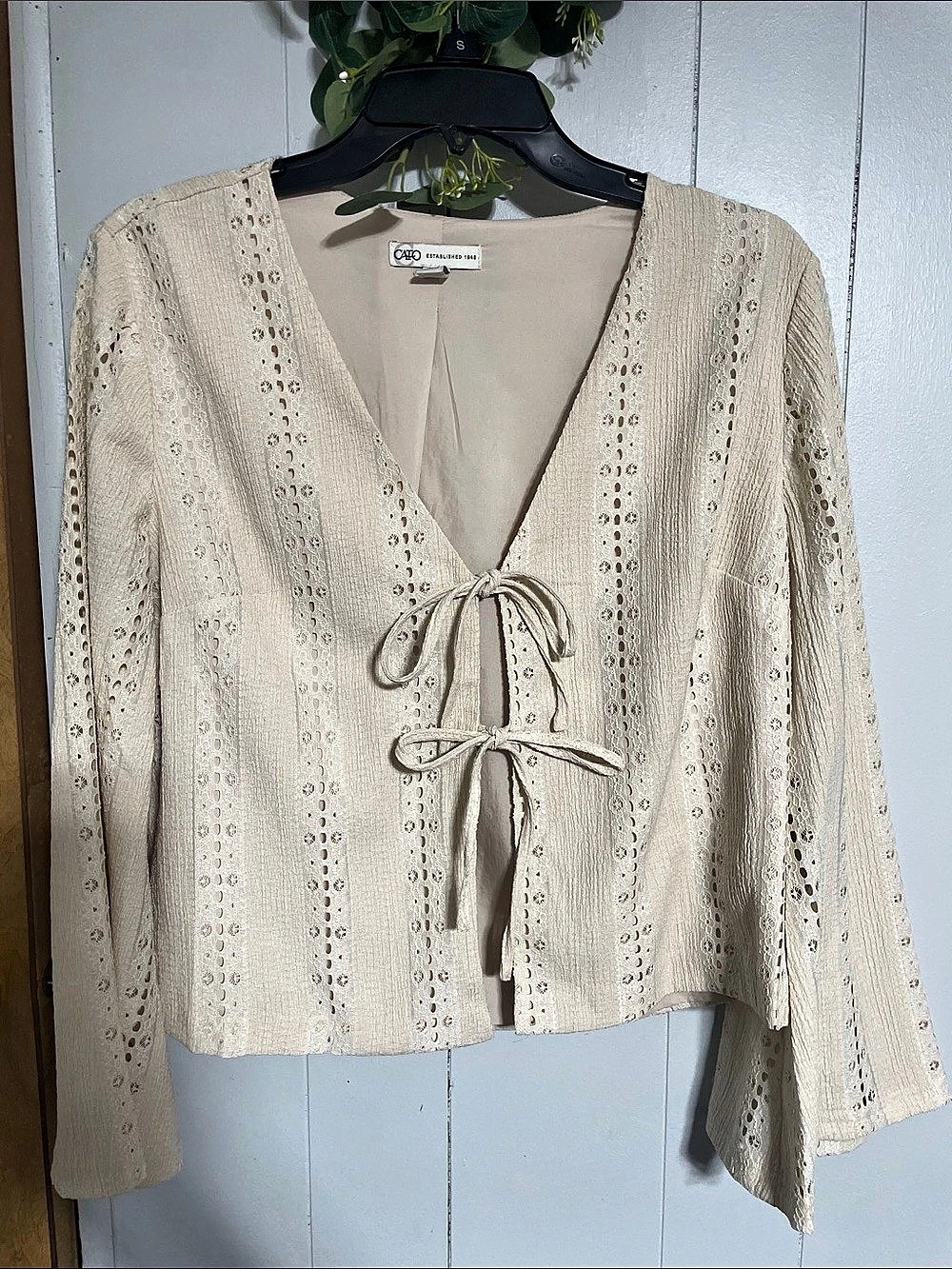 Cato Cream Eyelet Tie-Front Jacket Size Medium